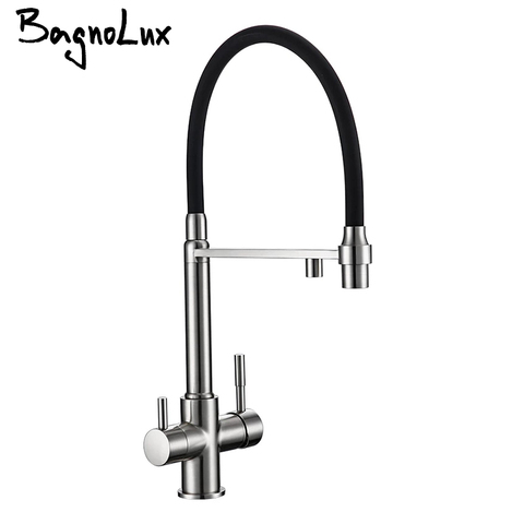 Bagnolux Brushed Nickel Brass Sink Black hose  Mount Pull Down Dual Sprayer  Nozzle  Mixer Water Taps Kitchen Faucet ► Photo 1/6