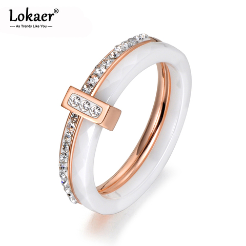 Lokaer 2 Layers Black/White Ceramic Crystal Wedding Rings Jewelry Rose/White Gold Stainless Steel Rhinestone Engagement R18054 ► Photo 1/6