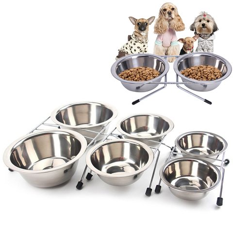 Durable Stainless Steel Double Dogs Bowls Anti Slip Removable Puppy Cats Food Water Pet Feeders Pets Drinking Dish Bowls ► Photo 1/6