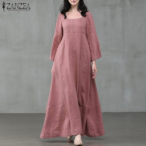 ZANZEA Women Autumn Dress Vintage Square Collar Long Flare Sleeve Sundress Loose Party Dresses Robe Casual Cotton Linen Vestido7 ► Photo 1/6