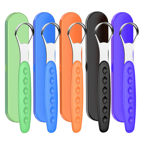 Portable Tongue Cleaner Tongue Scraper Reusable Stainless Steel Oral Mouth Brush travel case Black/Blue/Green Non-slip handle ► Photo 1/6