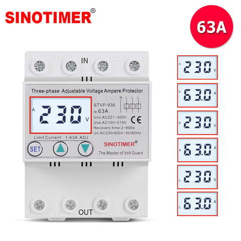 AC 380V 400V 63A Three Phase Self Recovery Voltage Protector DIN Rail Adjustable Voltage and Current Protection Device ► Photo 1/6