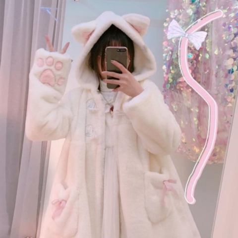Winter Jacket Women Lolita Fleece-lined Thickened Girl Soft Fabric Kawaii Cat Ear Hat Claw Cute Plush White Coat Youthful Parka ► Photo 1/6