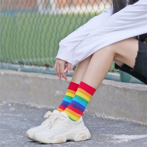 2022 Cotton Elasticity Sweat Women's High Socks Candy Color Rainbow Socks Striped Sporty Meias Casual Streetwear Harajuku Socks ► Photo 1/6