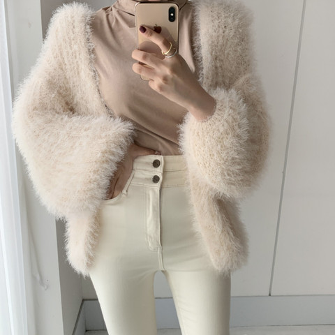 JSXDHK Fashion Chic Women Solid Color Mohair Sweater Cardigan New Autumn Winter Soft Knitted Lantern Sleeve Open Stitch Jumpers ► Photo 1/6