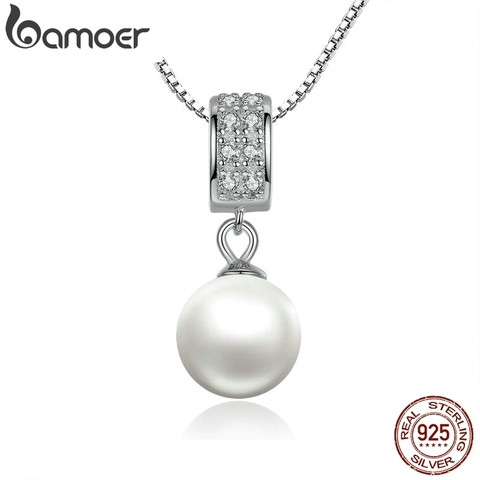 BAMOER 925 Sterling Silver Simulated Pearl Pendant Necklace Long Chain Necklace  Jewelry Wedding Necklace Accessories SCN030 ► Photo 1/6