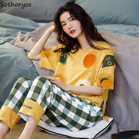 Pajama Sets Women Letter Cartoon Print Cotton Short Sleeve Summer Womens Homewear Nightwear Soft Loose Fashion Cute Ulzzang Ins ► Photo 1/6