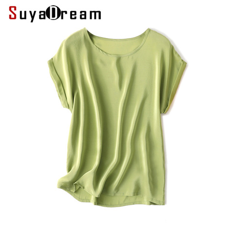 SuyaDream Summer Silk Shirt 100%Real Silk Bat Sleeved Solid Candy Colors O neck T shirt 2022 New Summer Top ► Photo 1/6