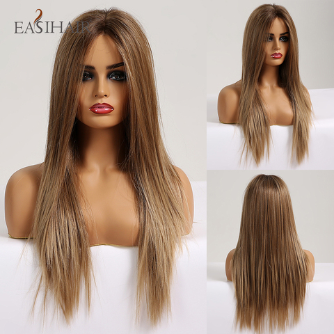 EASIHAIR Long Silky Straight Brown Blonde Lace Front Wig with Baby Hair High Density Heat Resistant Synthetic Wigs for Women ► Photo 1/6