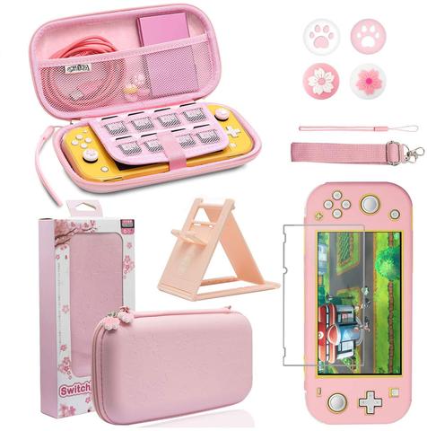 Pink Travel Carrying Case Accessories Kit for Nintendo Switch Lite, Console Stand Glass Screen Protector Sakura Thumb Grip Caps ► Photo 1/6