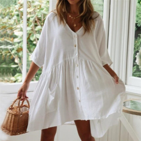 2022 Casual Summer Beach Dress White Cotton Tunic Women Beachwear Cover-ups Plus Size Sexy Pareo Dress Sarong plage N771 ► Photo 1/6