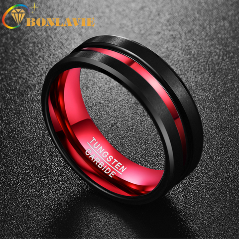 BONLAVIE Men's 8MM Black and Red Tungsten Carbide Ring Matte Finish Beveled Edges Size 7 to 16  hot sell AAA Quality ► Photo 1/6