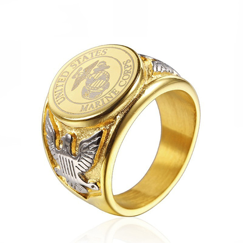 RIR Gold Tone USA Military Ring Silver Color Badge Eagle United States MARINE CORPS US ARMY Men Rings In Stainless Steel ► Photo 1/6