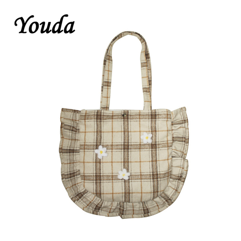 Youda Original Simple Plaid Design Tote Woolen Fabric Pleated Edge Literary Ladies Shoulder Bag Female Student Shopping Handbag ► Photo 1/6