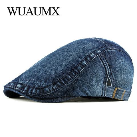 Wuaumx Simple Washed Denim Berets Hat Men Women Spring Summer Peaked Flat Cap Artist Duckbill Hat Casual Herringbone Newsboy Cap ► Photo 1/6