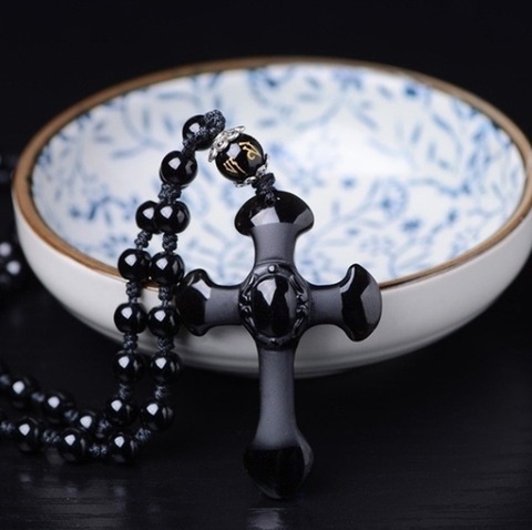 Natural Black Obsidian Carved Cross Lucky Pendant Beads Necklace for Woman Man Hand Carved Pendants Jewelry ► Photo 1/5