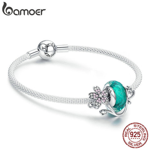 BAMOER Authentic 925 Sterling Silver Daisy Flower Green Glass Beads Strand Charms Bracelets for Women 925 Silver Jewelry SCB822 ► Photo 1/6