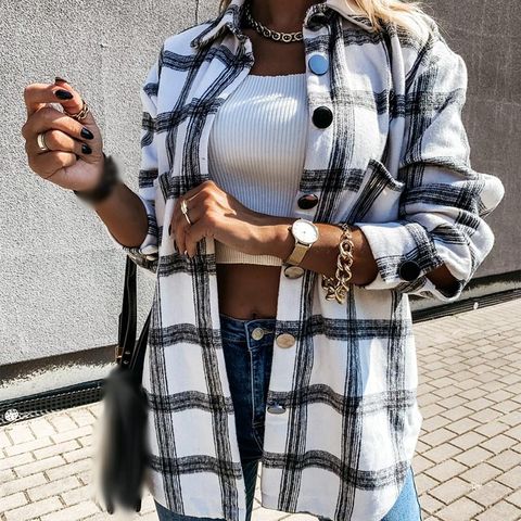 Women's Shirt 2022 Oversize Female Clothing Wool Blends Check  Top Plaid Long Sleeve Jacket Loose Ladies Coat Autumn Winter ► Photo 1/5