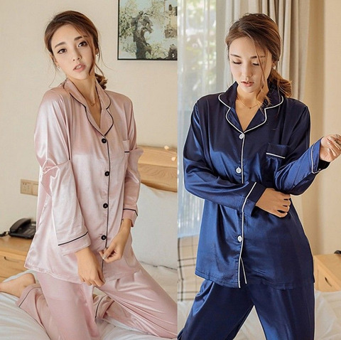 Women Girl Silk Satin Pajamas Set Pyjama Sleepwear Nightwear Loungewear Homewear Solid Color Comfortable Soft High Quality Hot ► Photo 1/6