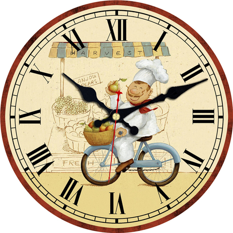 Rustic Wooden Kitchen Wall Clock Happy Chef on Bicycle Quartz Clocks for Dinning Room, Diameter 12