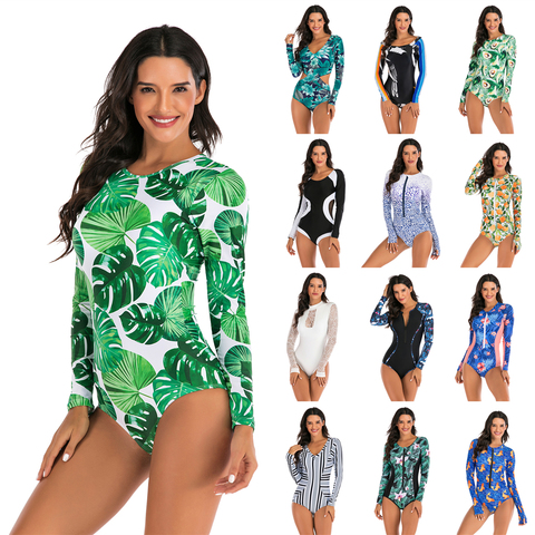 Buy Online Long Sleeve Swimwear Women Print Zipper Rashguard One Piece Swimsuit Surfing Dive Bodysuit Beachwear Spa Batingsuit Alitools