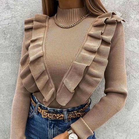 Mock Neck Ruffles Women's Knitted Sweater Long Sleeve Solid Coffee Slim Elegant Office Lady Pullover 2022 Spring Fashion Top New ► Photo 1/6