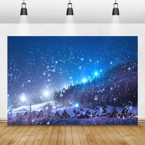 Laeacco Winter Scenery Photophone Night Christmas Village Forest Snow Stars Photography Backdrops Photo Backgrounds Photocall ► Photo 1/6