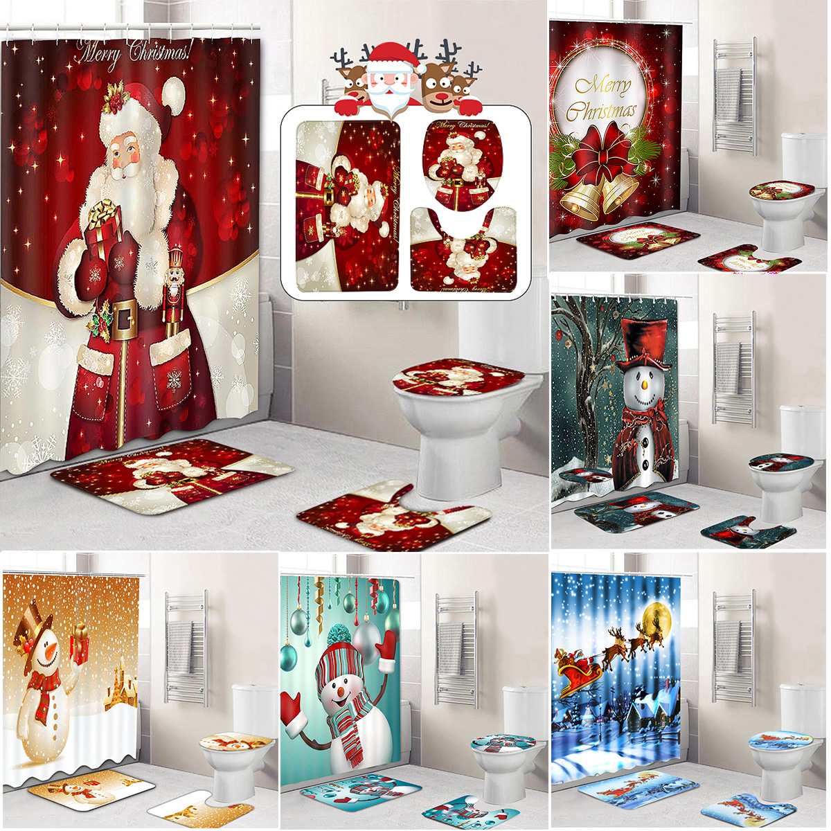 Merry Christmas Bathroom set Snowman Santa Father Bell Elk Pattern Waterproof Shower Curtain Toilet Cover Mat Non Slip Rug ► Photo 1/6