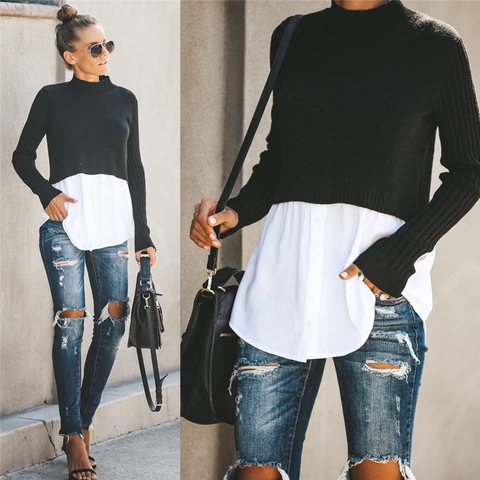 Autumn Winter Black Knitted Women Turtleneck Sweater 2022 Patchwork Long Sleeve Button Pullover Women Jumper ► Photo 1/1