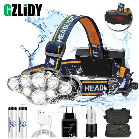 Powerful 8 LED Headlamp USB Rechargeable Waterproof T6 Headlight Super Bright Outdoor 18650 Lantern with Tail Warning Light ► Photo 1/6