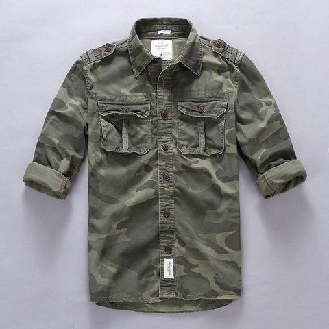 Men Summer Fashion Casual Shirts Military Camouflage Cargo Cotton Linen Shirts Male Long Sleeve Pockets Safari Army Fans Tops ► Photo 1/5