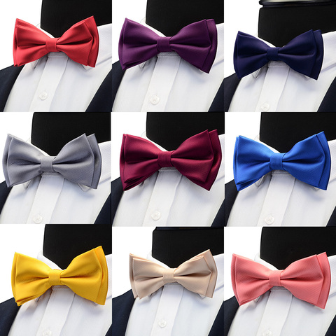 GUSLESON Mens Solid Color Two Layer Pre-tied Bow Tie Red Black Purple Gold Blue Yellow Green Bowtie for Wedding Party Business ► Photo 1/6