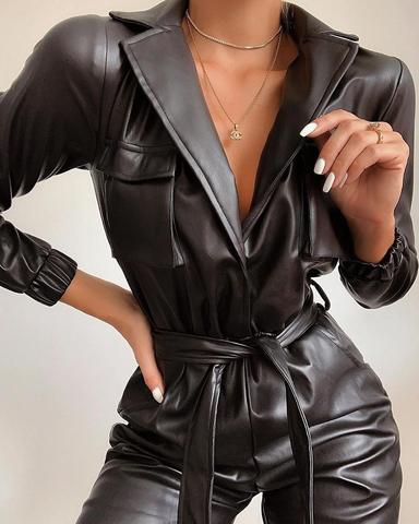 PU Leather Jumpsuits For Women Turn Down Neck Long Sleeve High Waist Belt Jumpsuit Female ► Photo 1/1