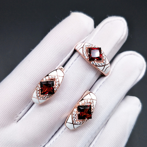 Bolai natural garnet jewelry sets 925 sterling silver white enamel earrings ring  gemstone jewelry for women's best gift 2022 ► Photo 1/3