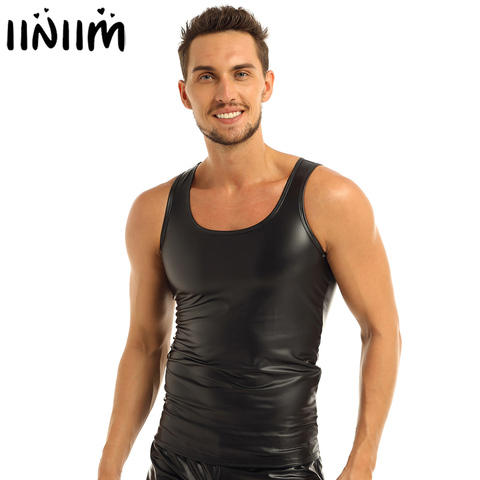 iiniim Mens Moto Lingerie Tops for Evening Party Men's Clothing Leather Sleeveless Vest Tank Top Clubwear Undershirt Waistcoat ► Photo 1/6