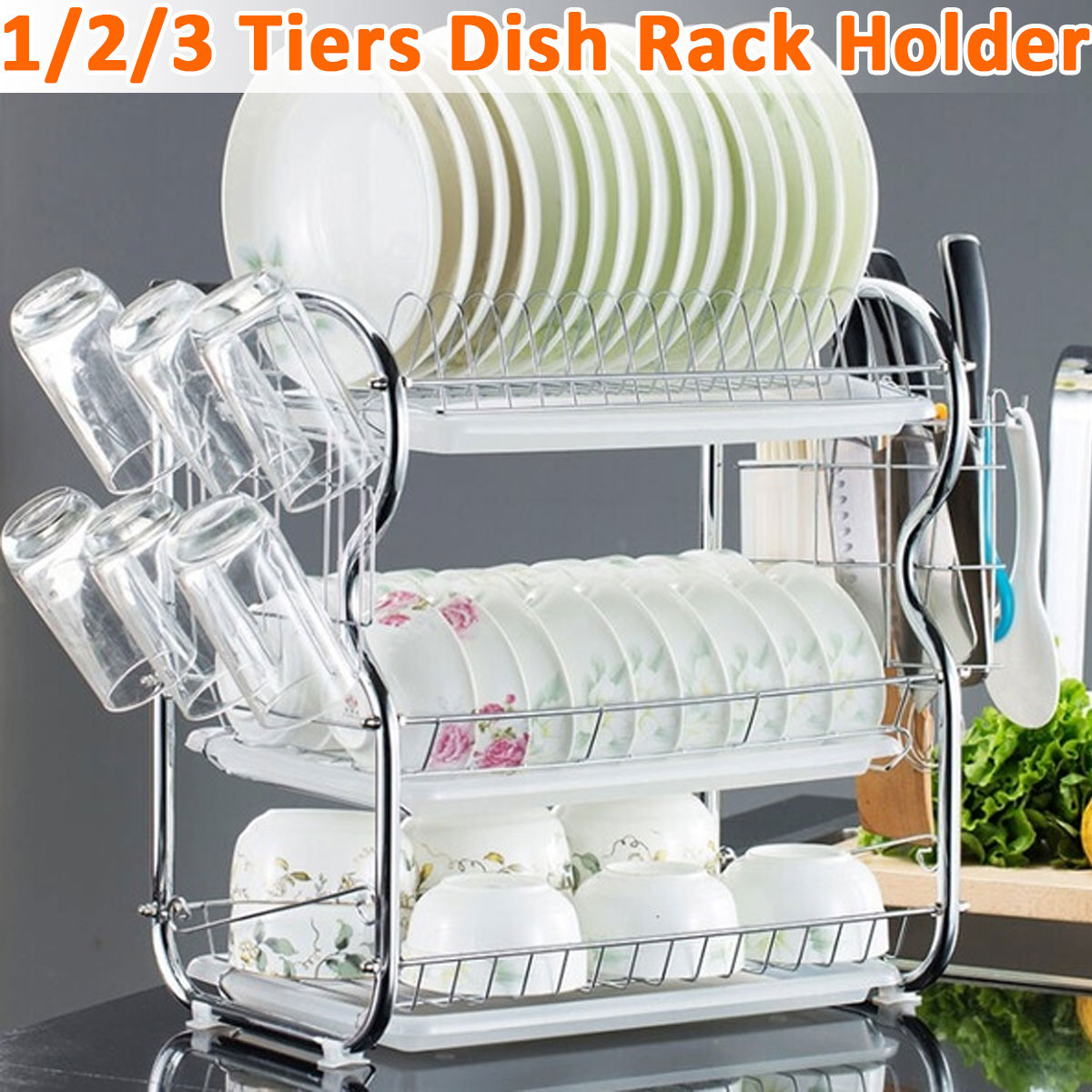 Kitchen Organizer 3 Tiers Dish Drainer Dryer Stainless Steel Drying Rack  Bowl Dish Draining Shelf Tray Holder - AliExpress