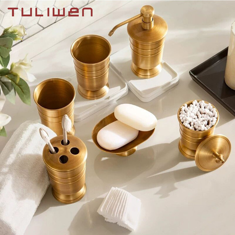 Antique Brass Soap Dish Liquid Soap Dispenser Toothbrush Holder Gargle Cup Storage Tank 5pcs Bathroom Accessory Set ► Photo 1/6