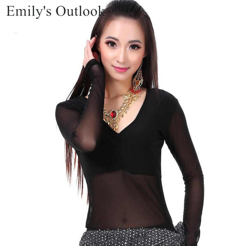 Women Belly Dance Mesh Top Long Sleeve Transparent Sexy Blouse Dancer Practice Base Safty Wear Big Size ► Photo 1/6