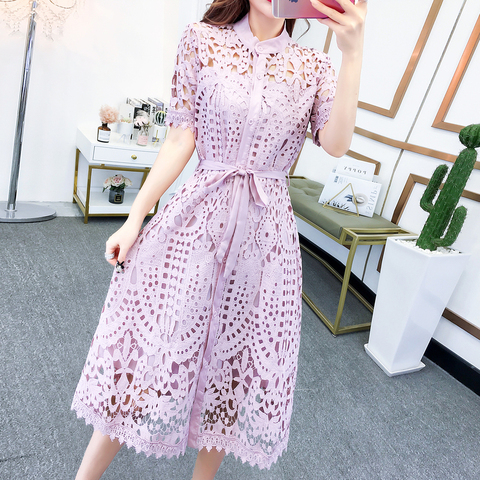 SMTHMA 2022 Spring Runway Women's Clothings Pleated Stand Collar Short sleeve Single Breasted Polka Dot Lace Dress ► Photo 1/6