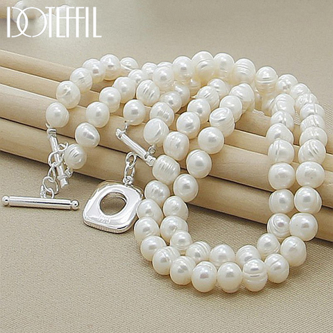 DOTEFFIL 8mm Double White Natural Pearls Chain Necklace 925 Sterling Silver For Women Wedding Engagement Fashion Charm Jewelry ► Photo 1/6