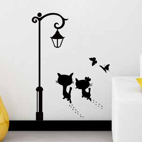 New Sweet Couple Cat wall Stickers Street Light Butterfly Decorative Stickers for Kids Room Living Room Wall Decal Home Decor ► Photo 1/6