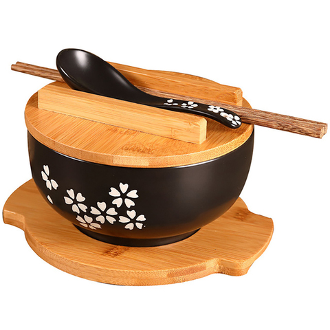 Japanese Style Porcelain Soup Bowl Cereal Pasta Serving Bowl with Spoon, Wooden Chopsticks & Lid, Placemat, Ceramic Bowls ► Photo 1/1