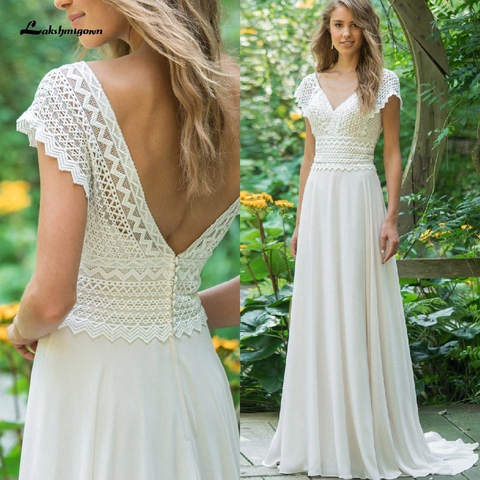 Sexy V Neck Chiffon Beach Wedding Dresses 2022 Lace Court Train Bridal Gowns Plus Size vestido de bodas Open Back vestido ► Photo 1/6