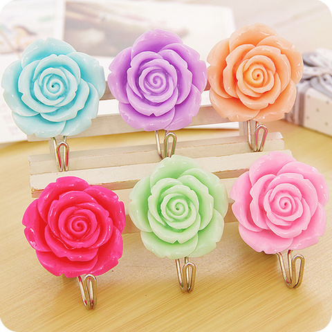 2pcs European roses flowers sticky hooks Self Adhesive decorative wall hook Towel Coat Door Wall Hanger Sticky Holder home decor ► Photo 1/6