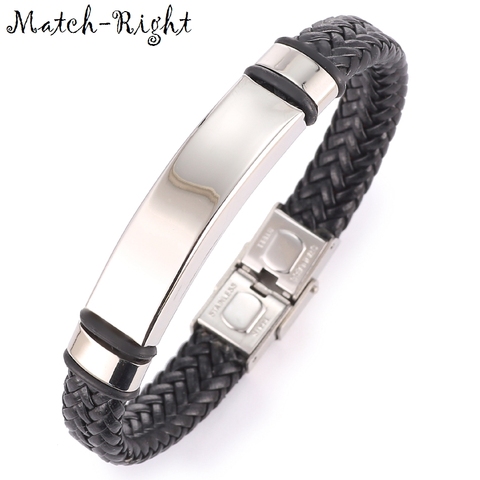 Match-Right Men's Leather Bracelets Metal Bracelet Cuff for Men Stainless Steel Bracelets Smooth Bangles Men's Wristband BR012 ► Photo 1/6