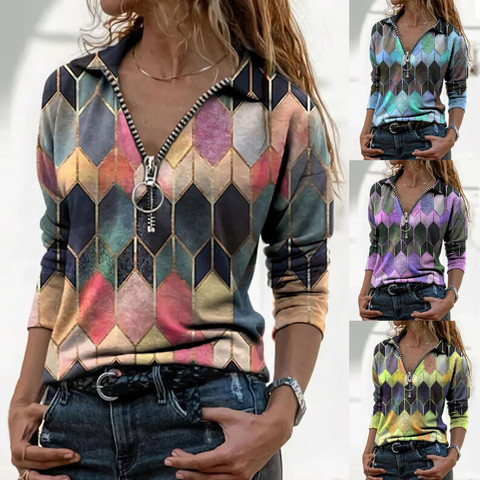 Fashion Geometric Print Blouse Shirt Loose Zipper Tops Tee Casual Autumn Winter Ladies Female Women Long Sleeve Blusas Pullover ► Photo 1/6