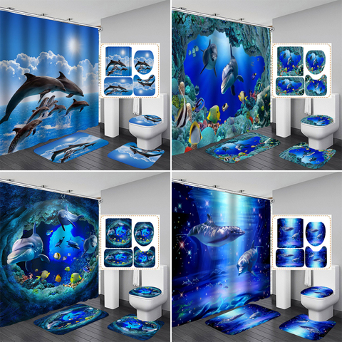 3D Printing Ocean Sea Dolphin Blue Waterproof Fabric Curtain Shower Curtain Bathroom Set Anti-skid Rug Toilet Lid Cover Bath Mat ► Photo 1/6