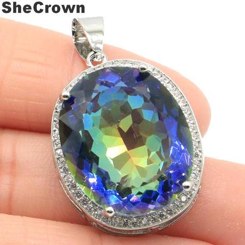 34x21mm Big Oval Gemstone 22x18mm Fire Rainbow Violet Mystic Topaz Natural White CZ Party Silver Pendant ► Photo 1/3