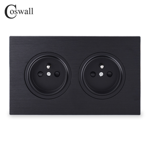 Coswall Luxurious Black Aluminum Panel Double French Standard Wall Power Socket Grounded With Children Protective Door 146 Type ► Photo 1/3