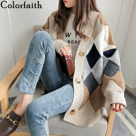 Colorfaith 2022 Women's Sweaters Autumn Winter Plaid V-Neck Cardigans Button Puff Sleeve Checkered Oversize Sweater Tops SW658 ► Photo 1/6